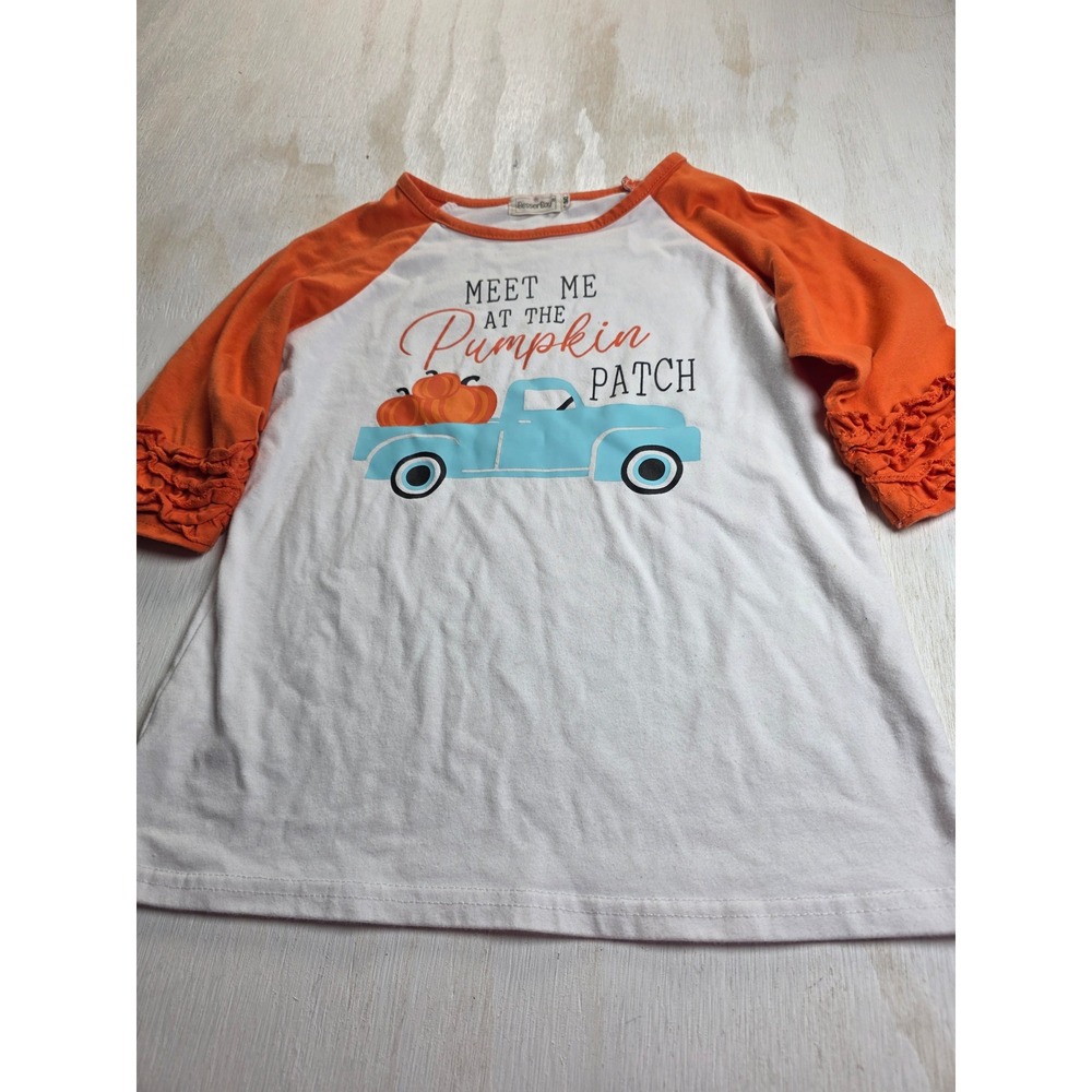 BesserBay Kids Pumpkin Patch Truck Raglan Tee Orange Ruffle Sleeve Boho Size 130